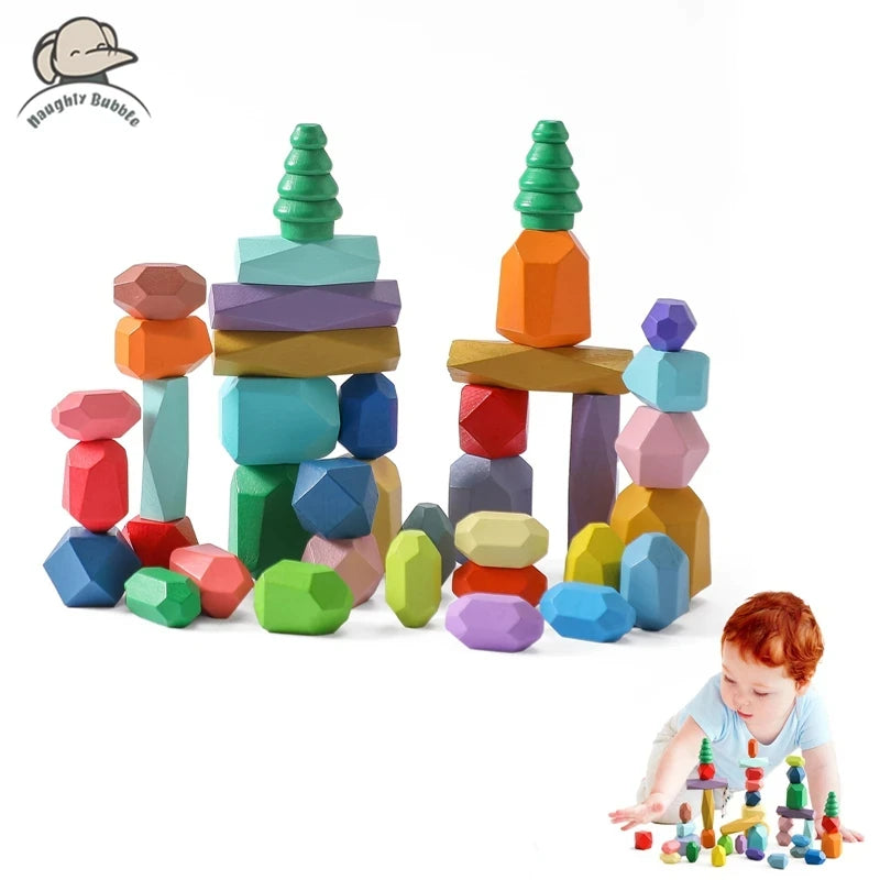 Wooden Rainbow Stacking Stones – Montessori Balancing Blocks for Kids