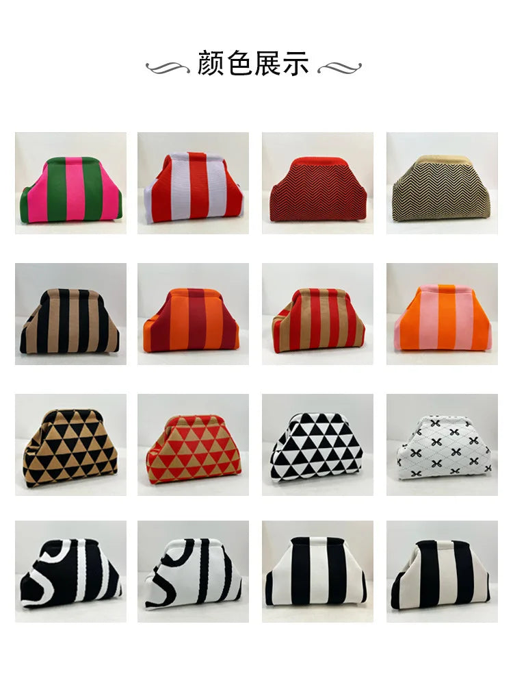 Colección de bolsos de mano tejidos en varios colores, incluyendo verde, rojo, naranja y negro.