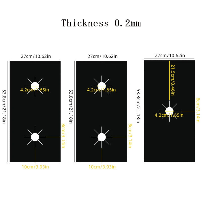 Three views of a 0.2mm thick reusable non-stick gas stove protector mat showing dimensions and placement.