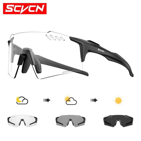 A pair of black photochromic cycling sunglasses shown in various states of light adjustment.