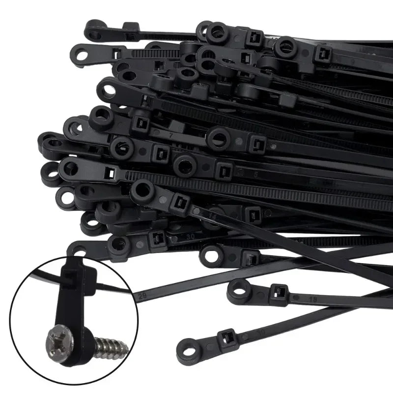 A bundle of black reusable screw-hole cable ties with mounting holes.