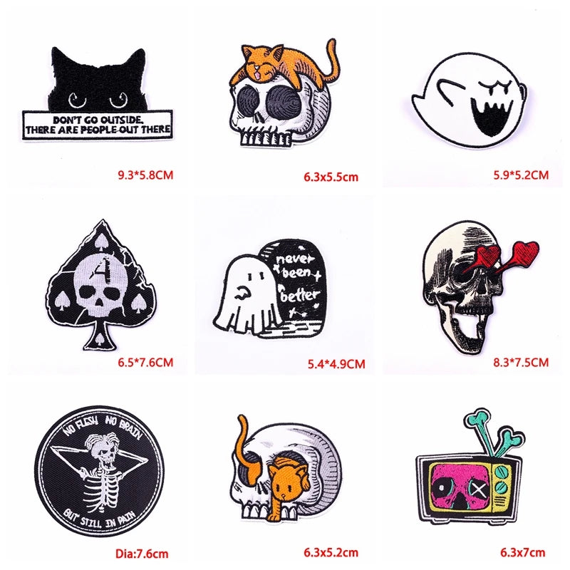 A set of ten embroidered patches featuring various punk skull and horror designs on black fabric.