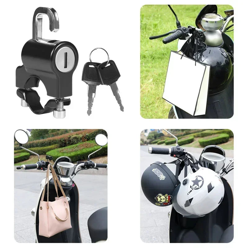 A black anti-theft helmet lock with a handle mount and a padded strap is shown alongside motorcycle helmets.