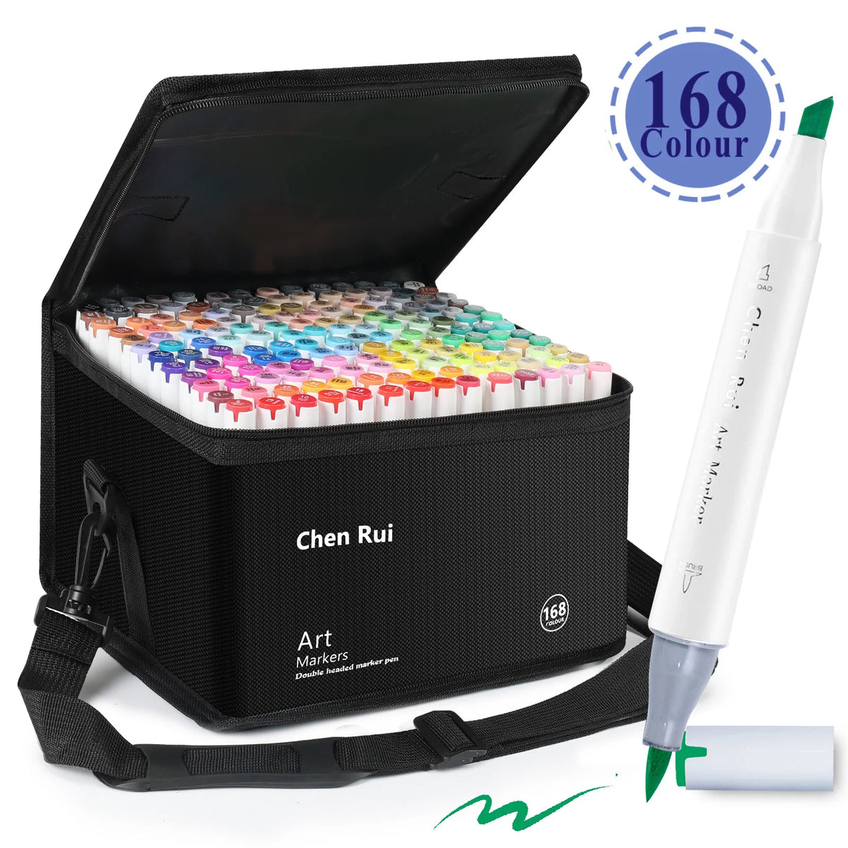A black box of Chen Rui art markers with a brush and chisel tip, next to a single white marker pen.