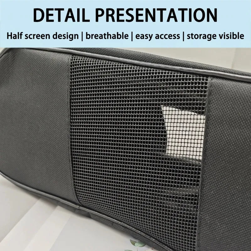 Close-up of a dark gray breathable shoe storage bag featuring a mesh panel design.