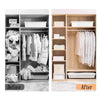 Before and after comparison of a transparent zippered garment bag for clothes storage in a cabinet.