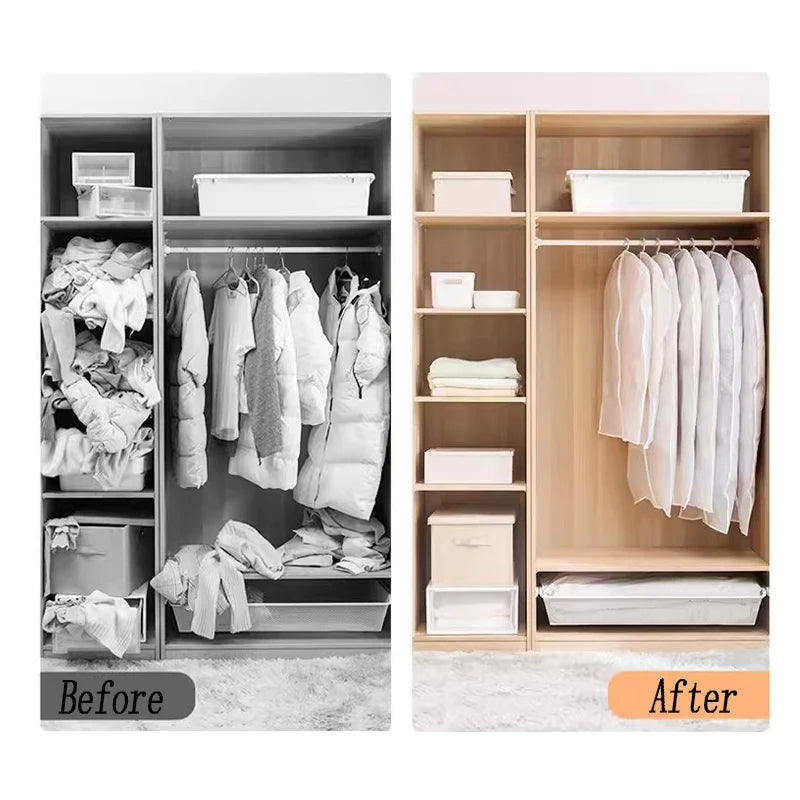 Before and after comparison of a transparent zippered garment bag for clothes storage in a cabinet.