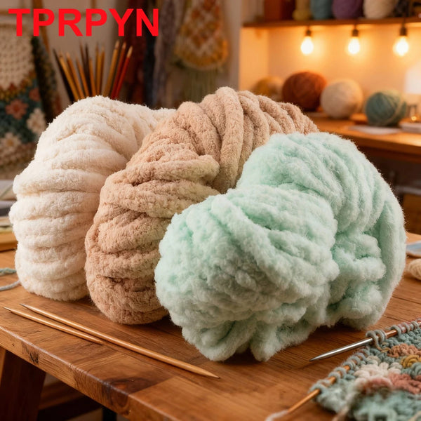 A pile of light green chunky acrylic yarn is displayed on a wooden surface.