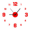 A red analog clock face with black hands showing approximately 12:00.