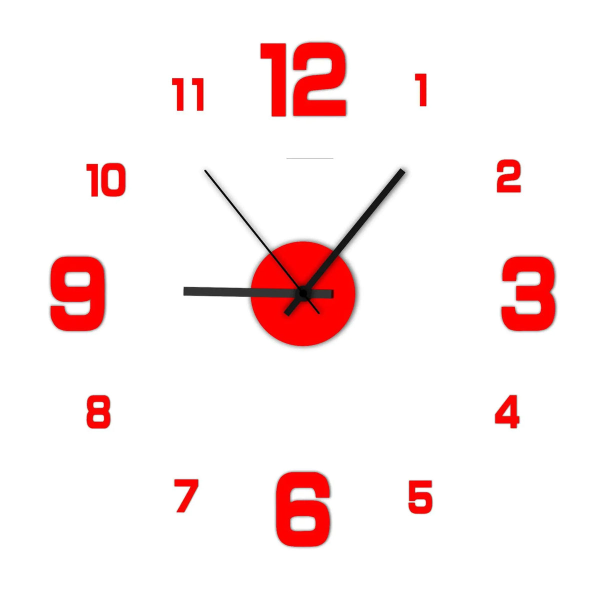 A red analog clock face with black hands showing approximately 12:00.