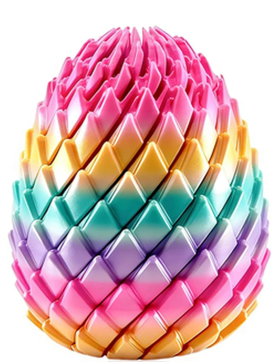 A colorful, textured fidget egg toy with pink, yellow, blue, and purple segments.