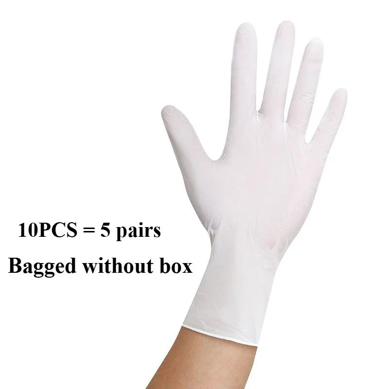 A hand wearing a disposable white nitrile glove, with text indicating 10 pieces equal to 5 pairs bagged without a box.