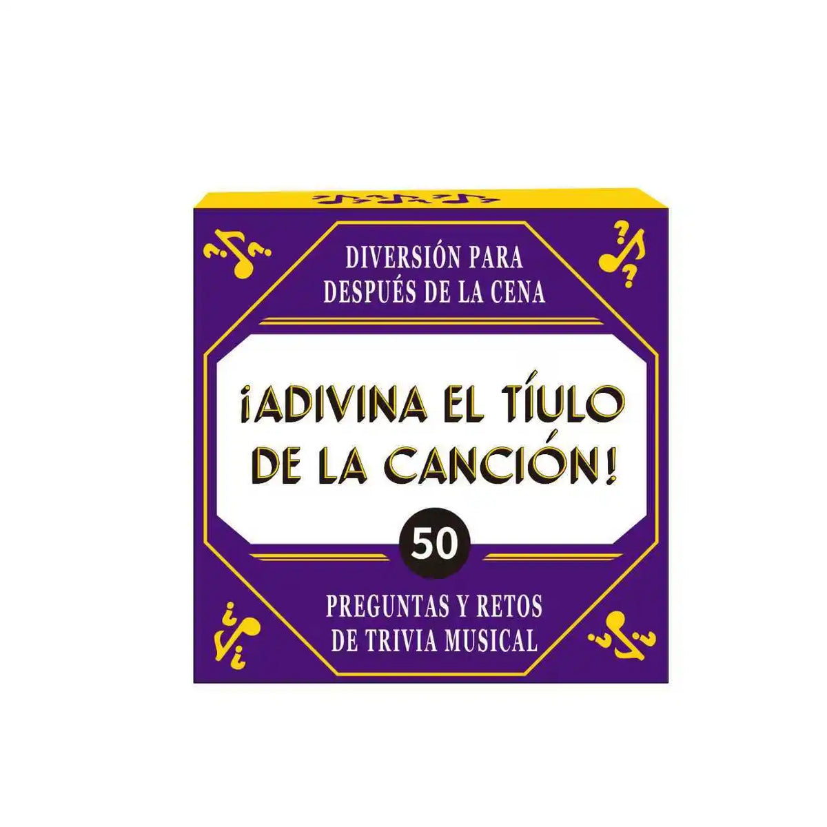 A purple box for a trivia game titled ¡Adivina el título de la canción! featuring musical symbols.