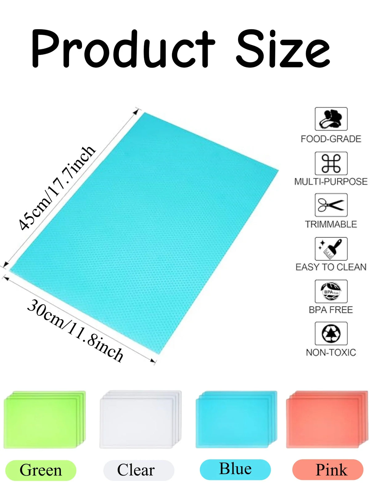 A set of four colored clear plastic fridge shelf liners in green, clear, blue, and pink are displayed with size measurements.