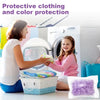 A woman and a girl are shown near a washing machine with laundry fragrance beads for soft, scented clothes.