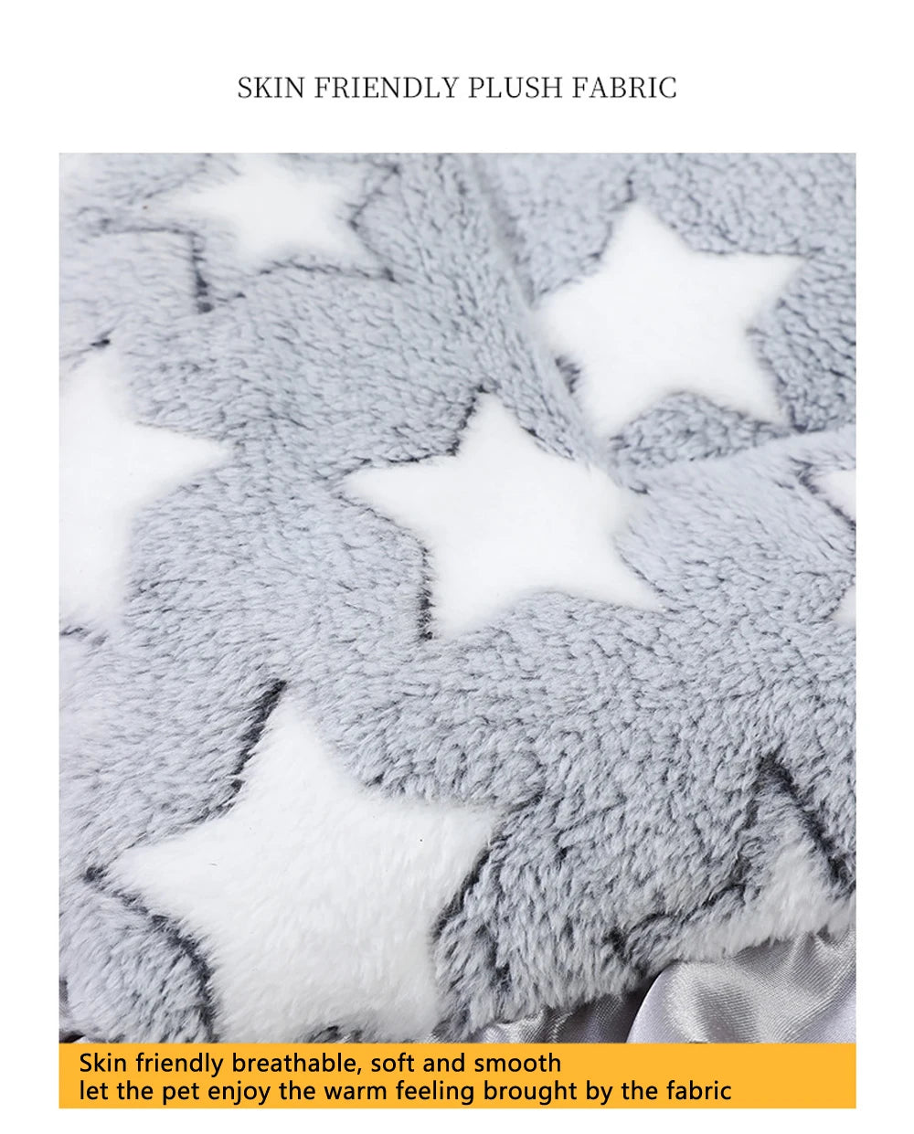 Gray and white plush fabric with a star pattern used for a pet sleeping mat