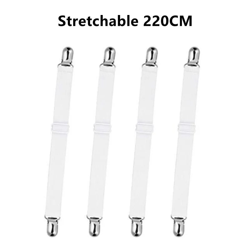 Set of four stretchable clear plastic corner straps for bed sheets