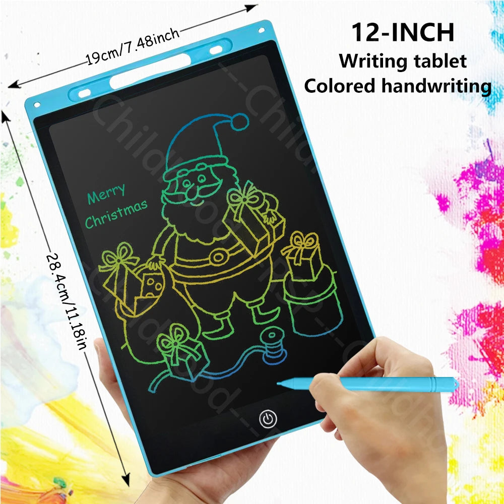 A hand holds a 12-inch colored handwriting tablet displaying a Christmas elf drawing.