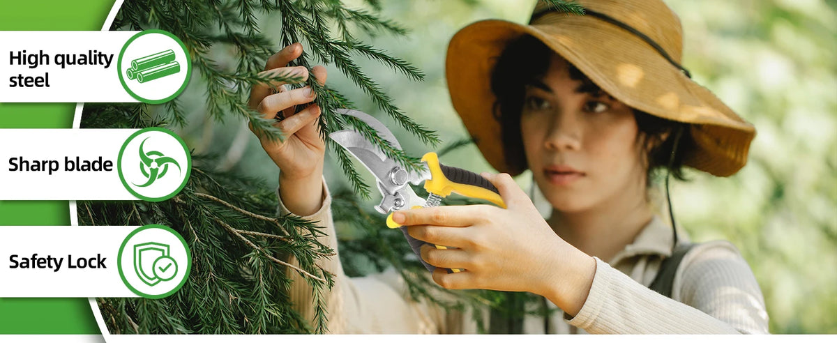 A woman is shown using a pair of stainless steel garden pruning shears with a safety lock to trim green foliage.