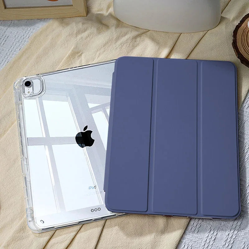 A light blue slim protective iPad case with a built-in pencil holder is shown resting on a beige fabric.