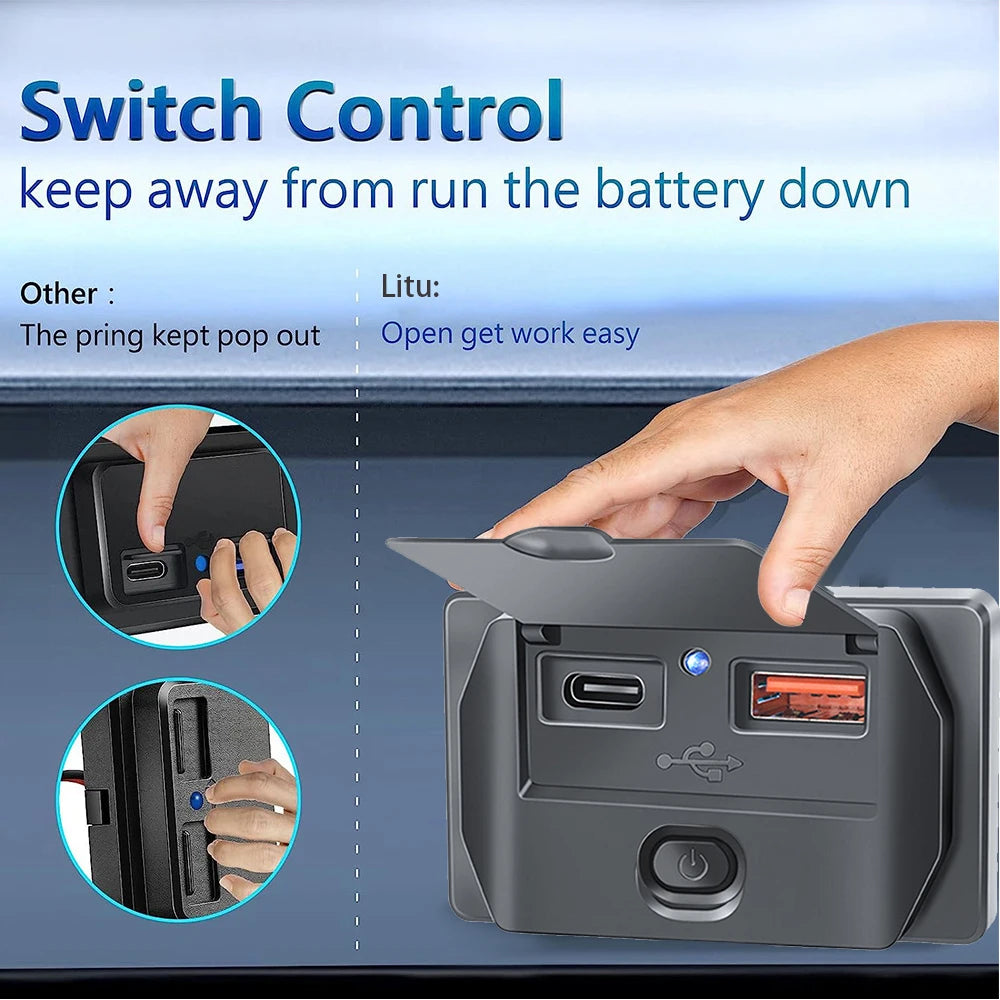A hand is shown switching a control to keep a battery from running down, next to a dual USB car charger adapter.