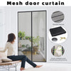 A mesh door curtain installed on a glass door, showing precision sewing and breathable fabric.