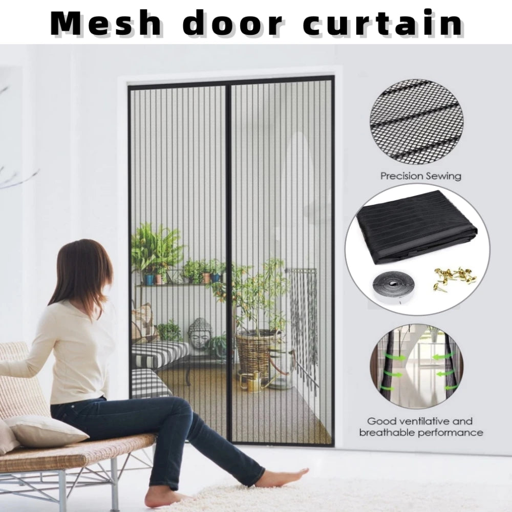 A mesh door curtain installed on a glass door, showing precision sewing and breathable fabric.