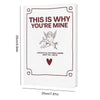 A white book cover with a maroon border and the text THIS IS WHY YOU'RE MINE featuring an angel illustration.