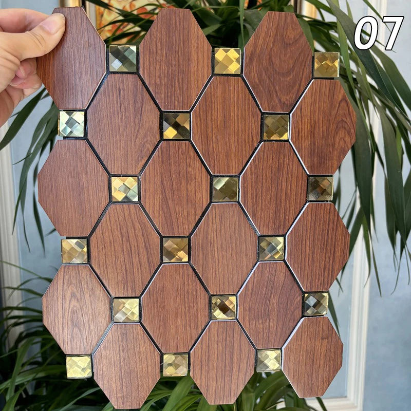 A collection of brown wooden mosaic tiles with gold accents arranged in a geometric pattern.