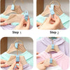 Four steps demonstrating how to connect space-saving cascading hangers for closet organization