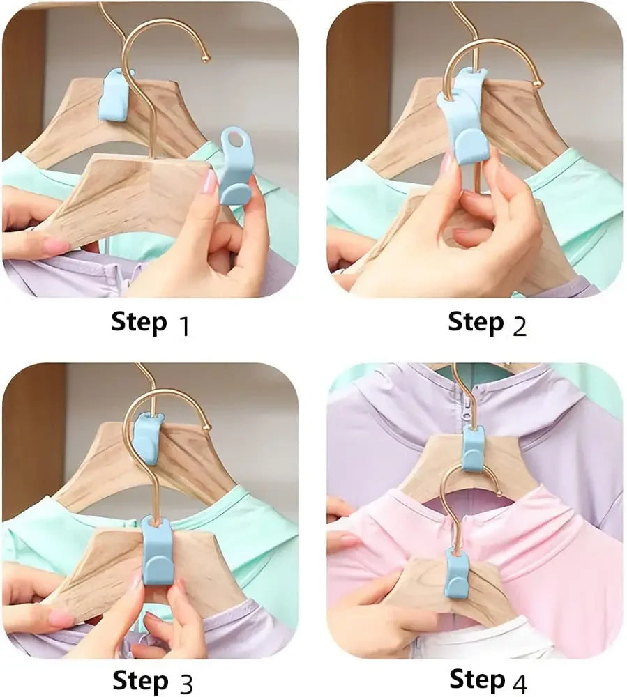 Four steps demonstrating how to connect space-saving cascading hangers for closet organization