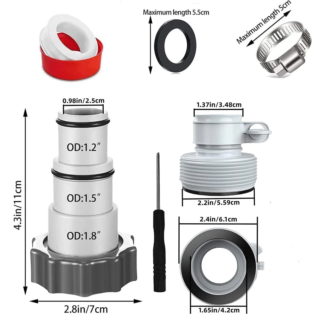 A set of pool hose adapters and rings with various sizes for connecting filter pumps.