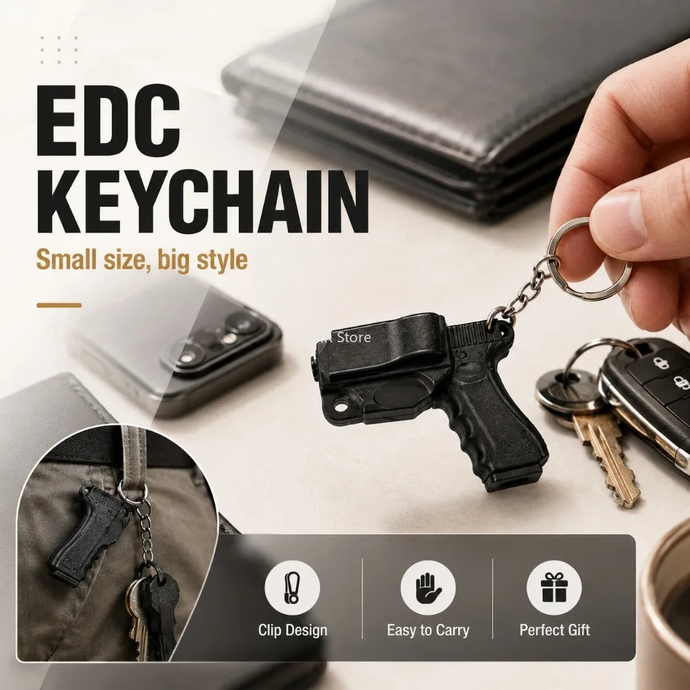 A black pistol-shaped keychain is shown next to various keys and a leather wallet, highlighting its clip design, ease of carr