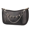Black crocodile print handbag with a gold metal chain strap