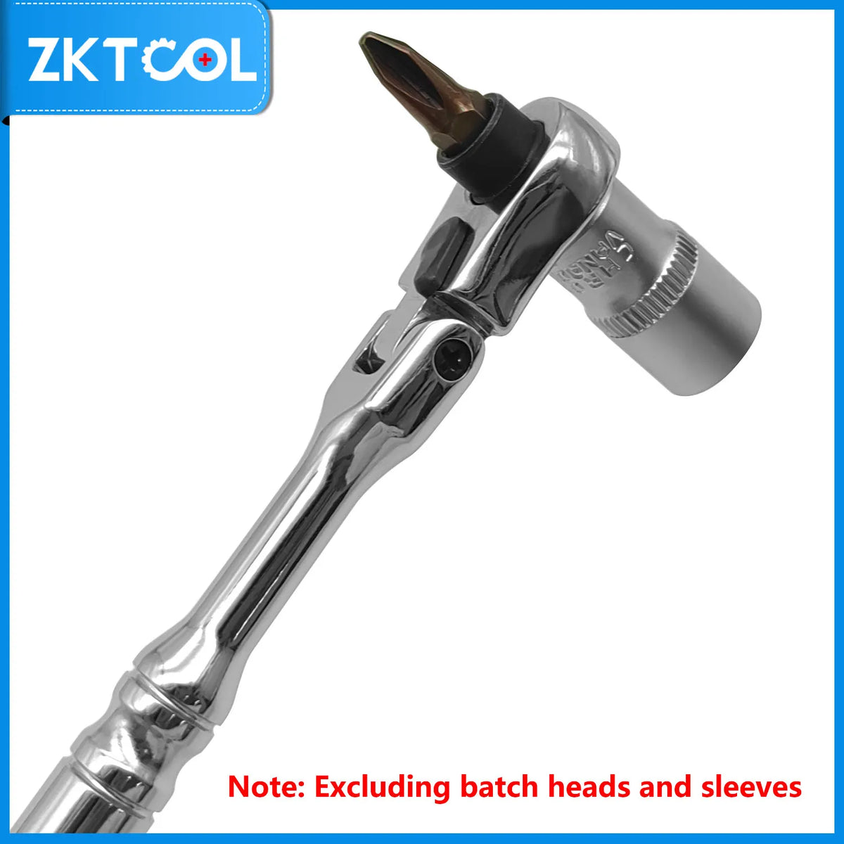 A silver 1/4-inch drive ratchet wrench with a flexible head is shown in a close-up view.