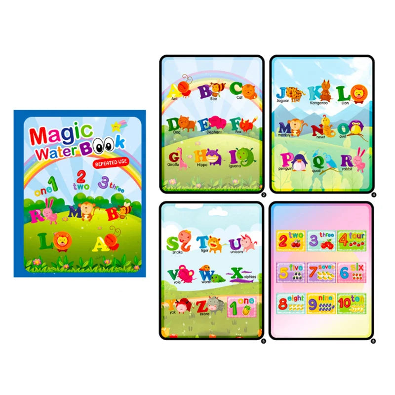 A set of colorful pages from a Magic Water Book featuring letters, numbers, and animals for children.