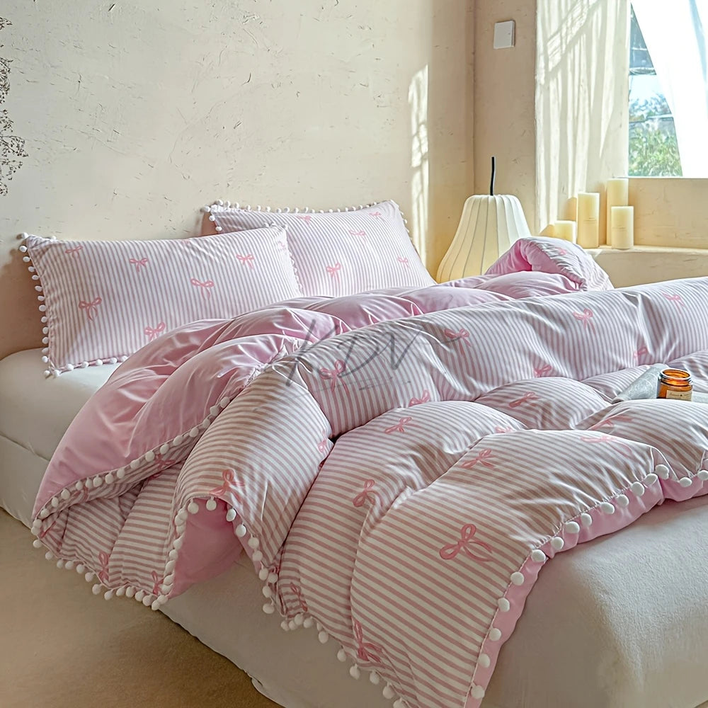 Cute Pink Bow Print Duvet Cover Set with Pillowcases