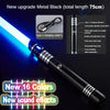 A black metal lightsaber with a blue blade and RGB light effects, showing charging interface and various modes.