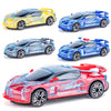 A collection of five die-cast police cars in various colors including yellow, blue, and red, shown from the side.