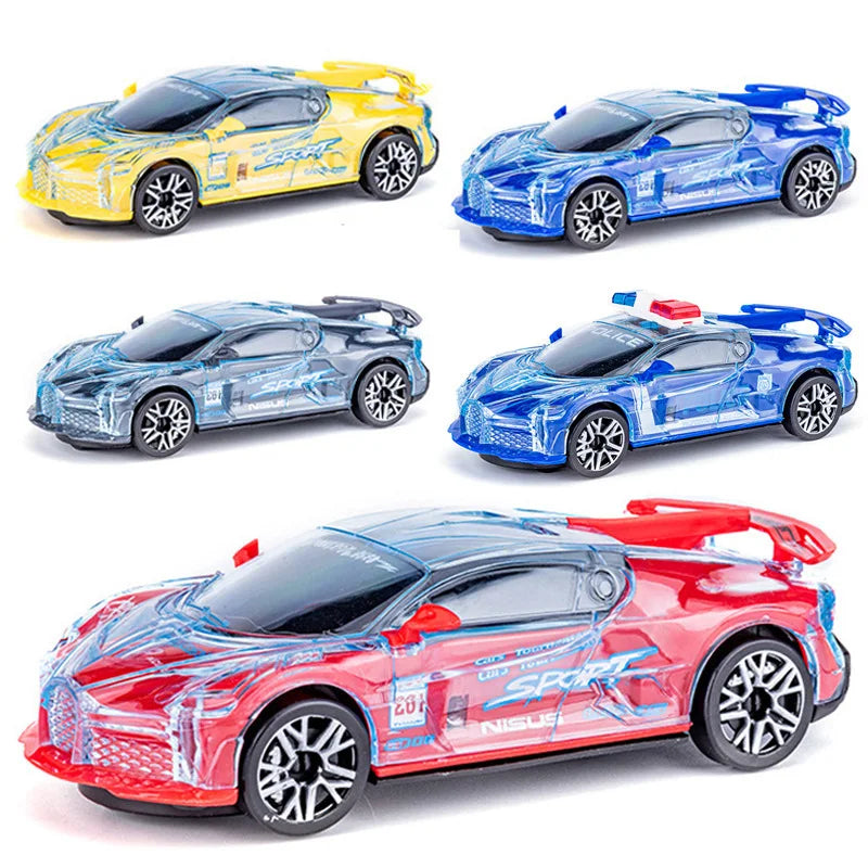 A collection of five die-cast police cars in various colors including yellow, blue, and red, shown from the side.