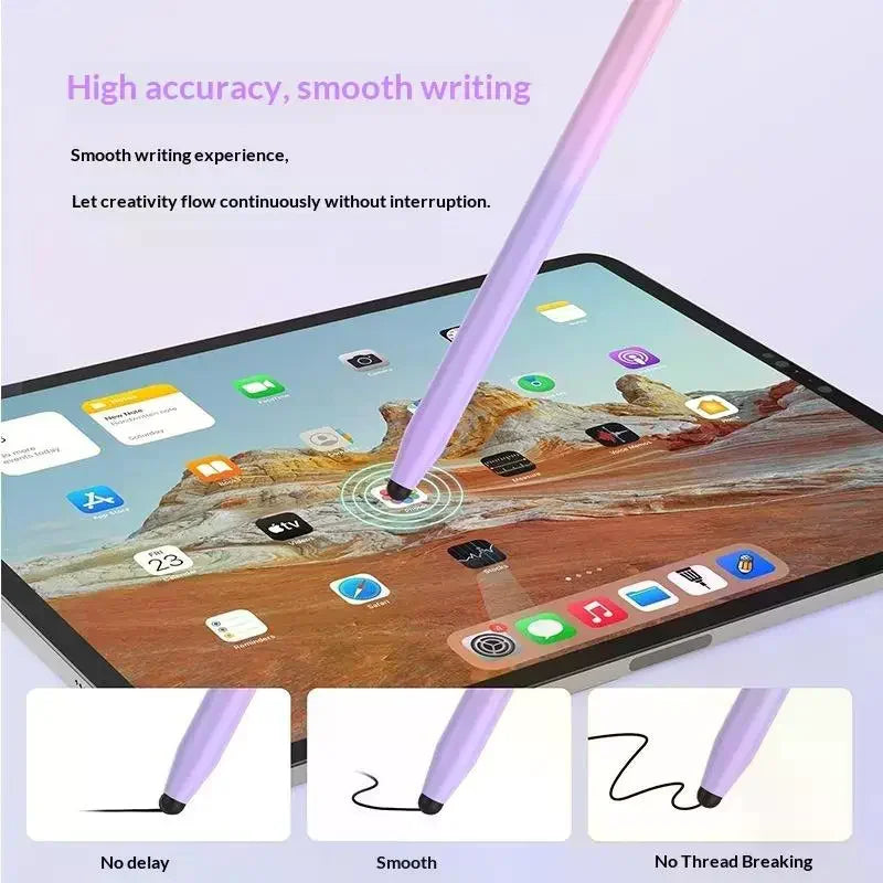 A pink dual-nib capacitive stylus pen is shown writing on a tablet screen, demonstrating smooth and accurate writing.