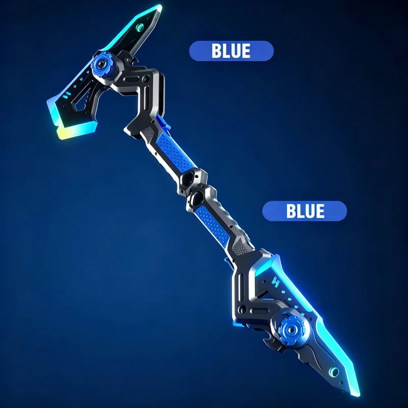 A blue light-up sword and axe toy with sound effects shown in a dynamic angle against a dark blue background.