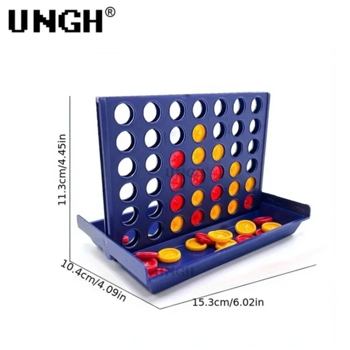 A blue strategy board game featuring a grid of colored discs for a four in a row game.