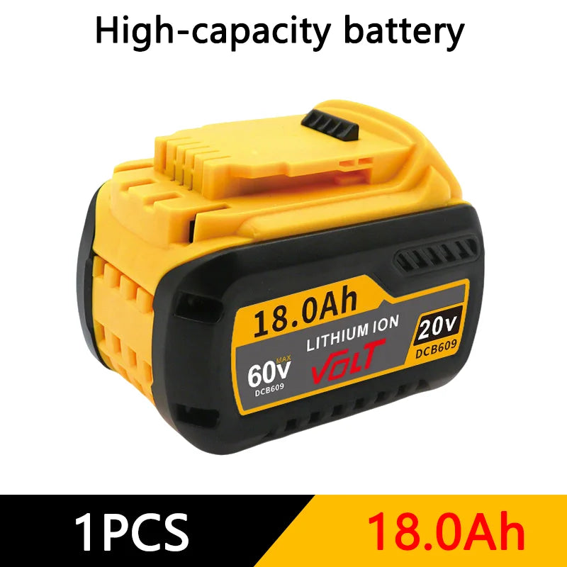 Yellow and black high-capacity lithium ion battery labeled 18.0Ah 20V DCB609