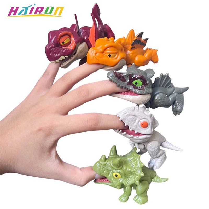 A hand is holding several mini finger dinosaur toys, including a purple, orange, gray, and green tyrannosaurus figurine.