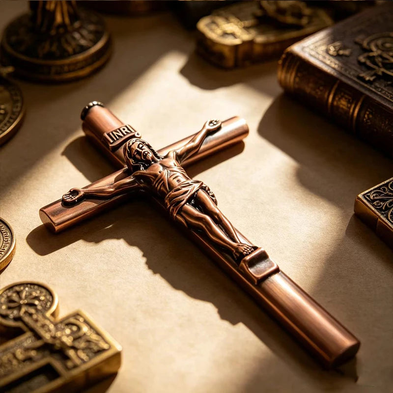 A bronze crucifix pen set featuring an INRI Jesus cross writing instrument resting on a light surface.