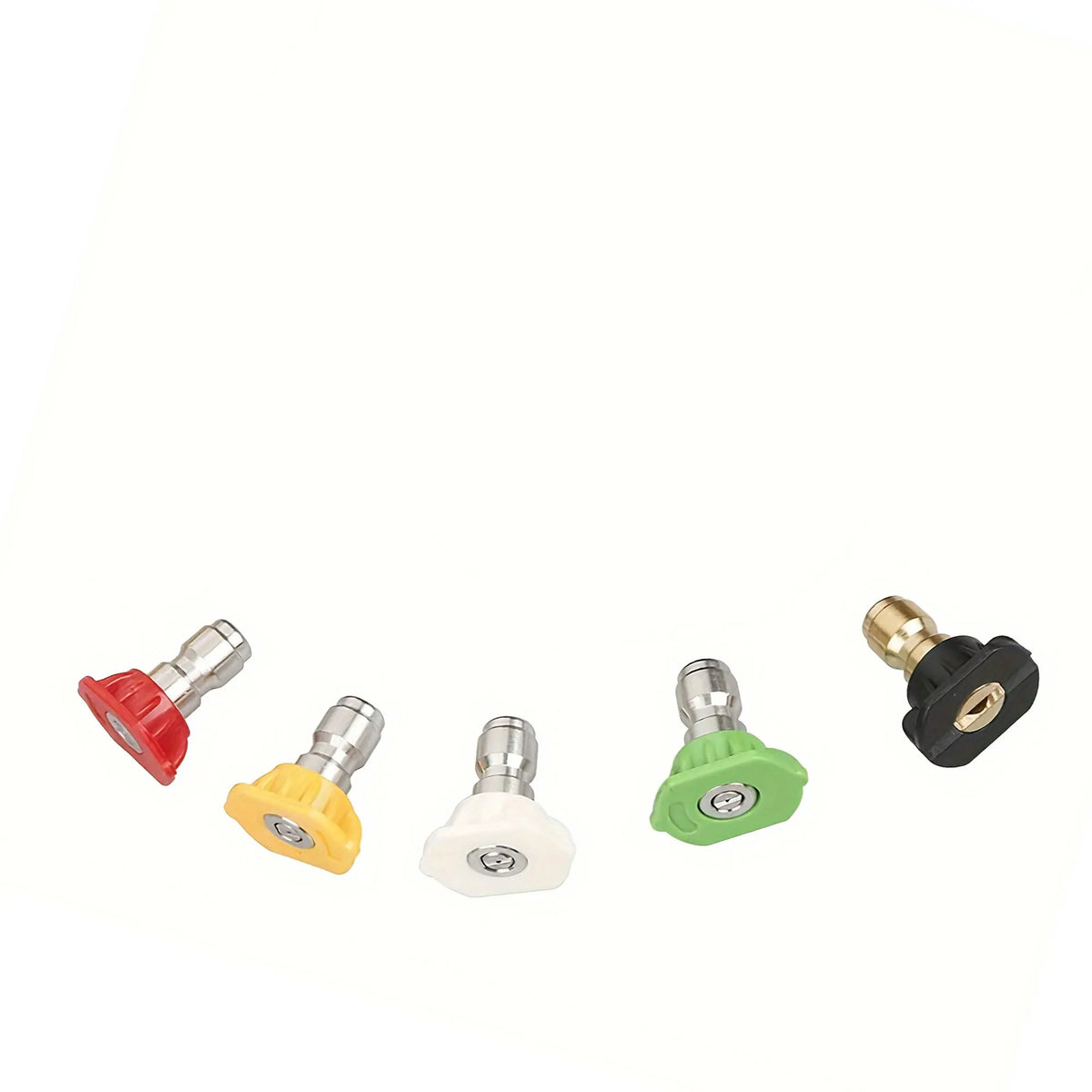 A set of five high pressure washer nozzles with quick connect fittings in various colors and materials.