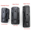 Three tactical pouches for flashlights, spray, and baton, shown with dimensions.