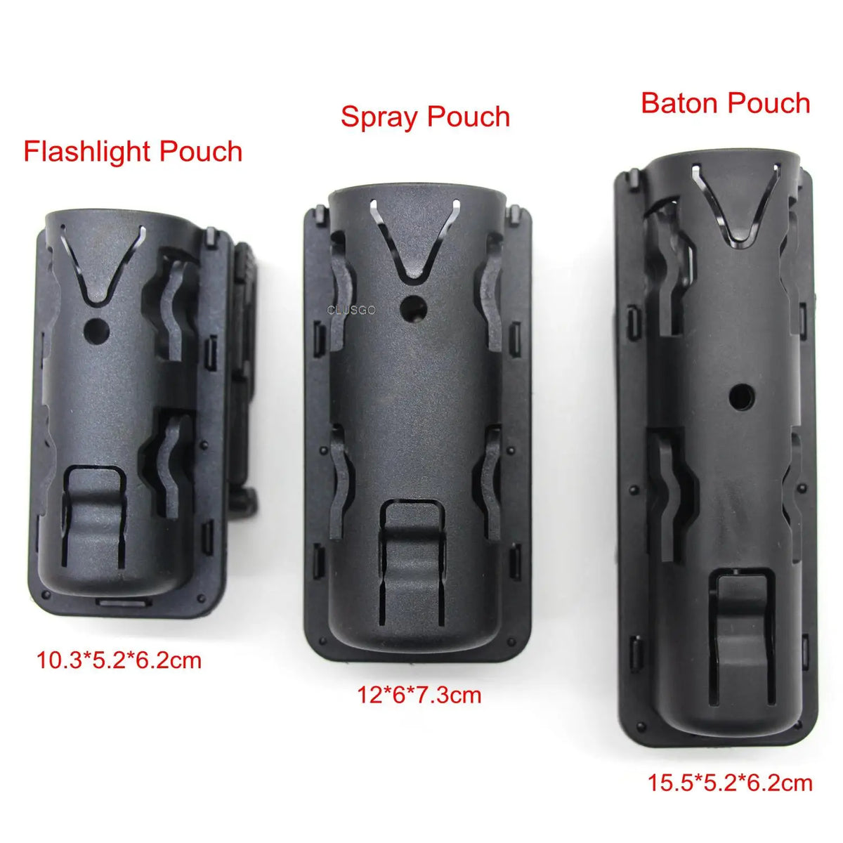 Three tactical pouches for flashlights, spray, and baton, shown with dimensions.