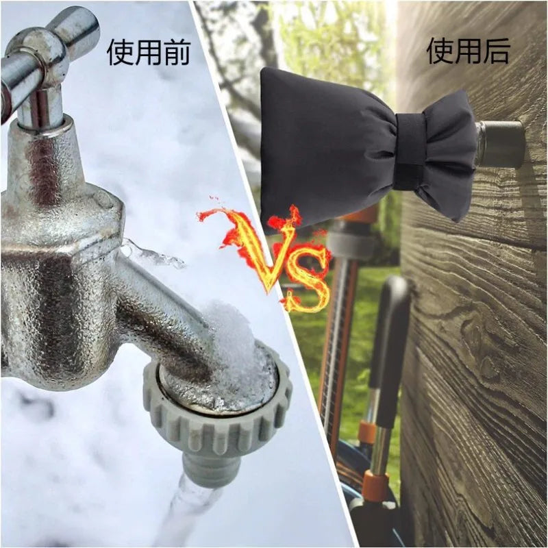 Comparison showing a winter faucet before and after insulation cover use, featuring an anti-freeze protector for outdoor taps